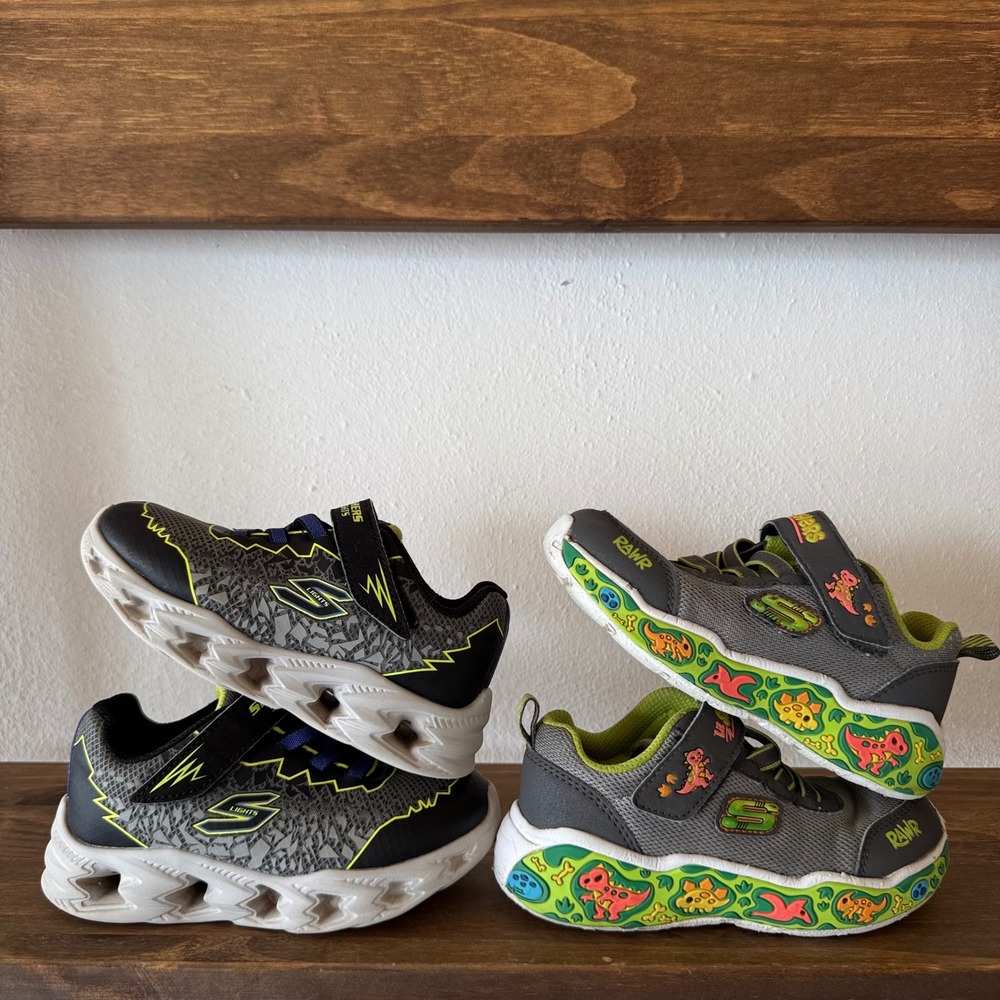 Lot of 2 Skechers Toddler Boys Size 10 S-Lights Light-Up & Dino Rawr Sneakers